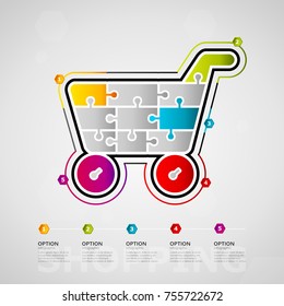 Five options shopping timeline infographic design with cart icon made out of jigsaw pieces