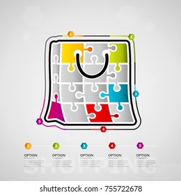 Five options shopping timeline infographic design with bag icon made out of jigsaw pieces
