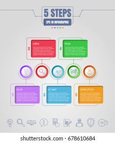 Cinco opciones o pasos infográficos. Iconos de línea delgada del negocio. Plantilla para las obras de diseño. Ilustración vectorial.
