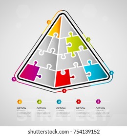Five options strategy media timeline infographic design with pyramid icon made out of jigsaw pieces