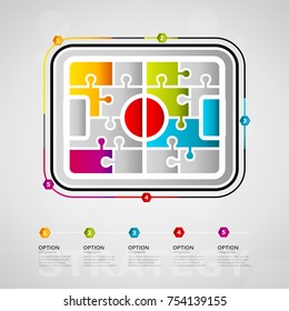 Five options strategy timeline infographic design with soccer field icon made out of jigsaw pieces