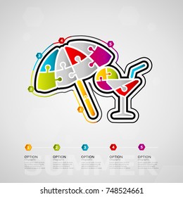 Five options Summer timeline infographic design with parasol and cocktail glass icon made out of jigsaw pieces