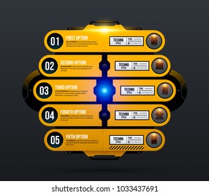 Five options template with glowing lights in yellow industrial techno style on dark gray background