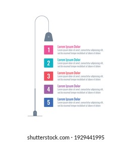 five options under street lamp round infographic template. internet, web, magazine, annual report information template. floor lamp themed infographic template