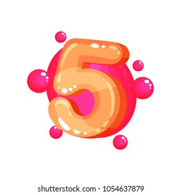Five orange glossy bright number, kids font vector Illustration on a white background