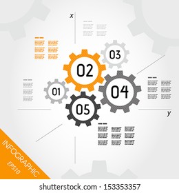 five orange infographic gears with axis. infographic concept.