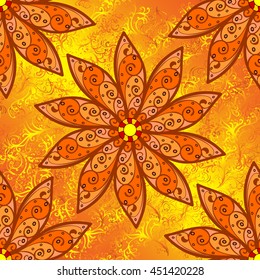 Five orange petal flower. Doodle style. Vector illustration. Seamless pattern
