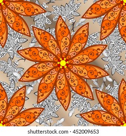 Five orange petal flower. Doodle style. Vector illustration. Seamless pattern
