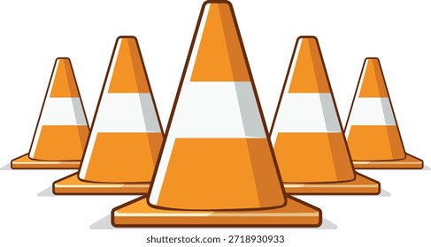 Five orange traffic cones with white reflective stripes arranged on a plain white background.