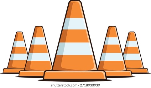 Cinco cones de tráfego laranja com listras brancas em um plano de fundo branco.