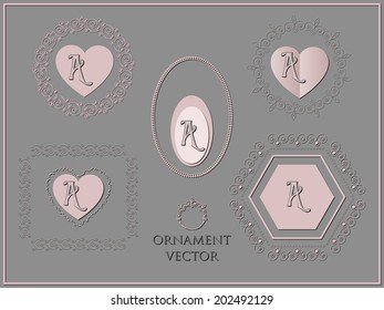 Five ornamental text banners in pink tones on gray background