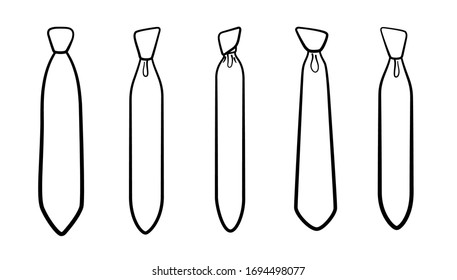 Five outline style neckties of different knots set isolated illustration. White background, vector.