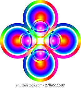 Five overlapping rainbow concentric circles arranged symmetrically in a cross formation on white.