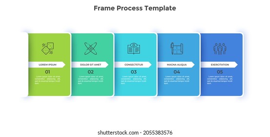 Five overlaying cards with arrows placed in horizontal row. Concept of 5 stages of strategic management process. Modern flat infographic design template. Simple vector illustration for presentation.