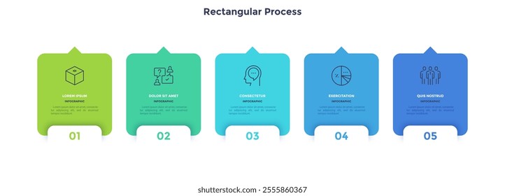 Five overlaying cards with arrows placed in horizontal row. Concept of 5 stages of strategic management process. Modern flat infographic design template. Simple vector illustration for presentation.