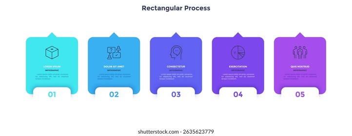 Cinco cartas sobrepostas com setas colocadas em linha horizontal. Conceito de 5 fases do processo de gestão estratégica. Modelo de design de infográfico plano moderno. Ilustração vetorial simples para apresentação.