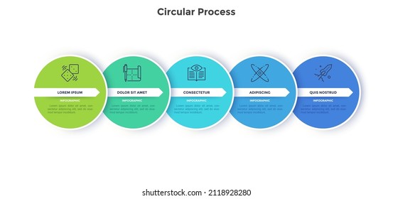 Five overlaying circular elements with arrows placed in horizontal row. Concept of 5 stages of company development strategy. Modern flat simple vector illustration for business analytical report.