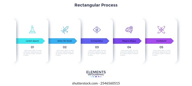 Five overlaying paper white rectangular elements or cards placed in horizontal row. Concept of 5 stages of marketing strategy. Simple infographic design template. Vector illustration for presentation.