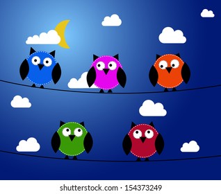 Five owls at night