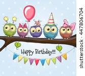 Five Owls on a brunch with balloon and bonnets