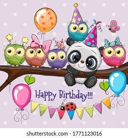 Five Owls and Panda on a branch with balloon and bonnets