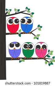 five owls sitting in a tree