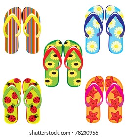 Five pairs of colorful flip flops. Illustration on white background