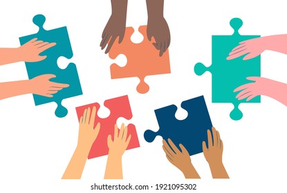 Five pairs of hands of diffirent skin colors moving in puzzle pieces. Working together to solve a problem concept. Flat style illustration, isolated on white background, top view.