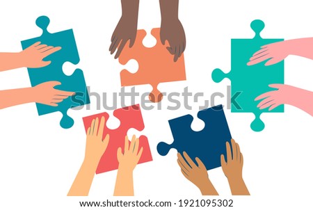 Five pairs of hands of diffirent skin colors moving in puzzle pieces. Working together to solve a problem concept. Flat style illustration, isolated on white background, top view.