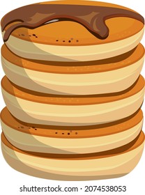 Five pancakes with chocolate, stacked on top of each other, vector illustration isolated on white background