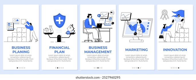Five panels depict various aspects of business management. A person plans a strategy, financial plan with balance scale, business management desk, marketing with chart, and innovation with a trophy