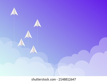 Five paper airplanes flying up sky surrounded with clouds representing achieving goals. Cardboard aircraft reaching skyline symbolizing successfully accomplishing projects.