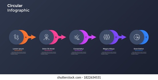 Five paper black round elements placed in horizontal row and connected by colorful arrows. Concept of 5 successive steps of business process. Simple infographic design template. Vector illustration.