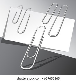 Five paper clips and paper sheets on gray background. Vector illustration eps 10.
