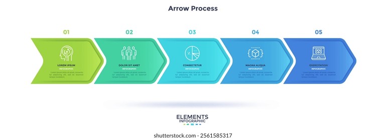 Five paper colorful overlapping arrows placed in horizontal row. Concept of 5 successive steps of progressive business development. Simple infographic design template. Vector illustration.