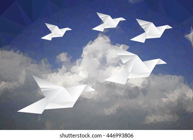 five paper doves in cloudy sky, low poly vector illustration, abstract background