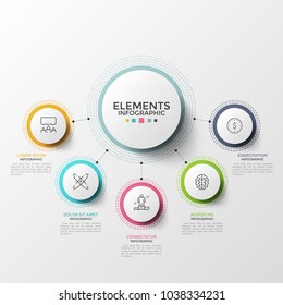 Five paper white circles with thin line symbols inside connected to main round element. Concept of 5 characteristics of provided service. Modern infographic design template. Vector illustration.