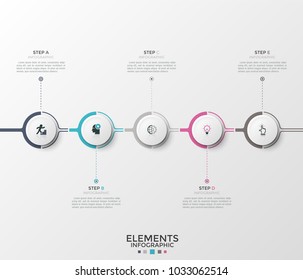 Five paper white elements with linear icons inside connected into horizontal chain. Concept of 5 steps of progressive development. Modern infographic design template. Vector illustration for brochure.