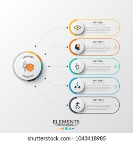 Five paper white elements with linear signs and text boxes inside connected to central circle by lines. Concept of web menu with 5 options to choose. Infographic design template. Vector illustration.