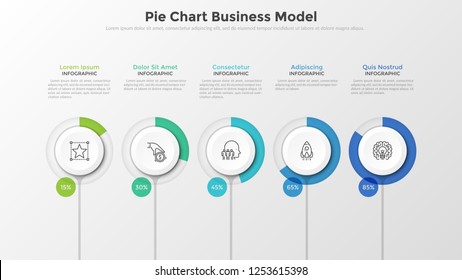 Five paper white elements with round progress bar and percentage indication placed in horizontal row. Pie chart business model. Modern clean vector illustration for presentation, brochure, report.