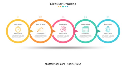 Five paper white overlapped circular elements arranged in horizontal timeline and connected by arrows. Concept of 5-stepped marketing strategy. Simple infographic design template. Vector illustration.