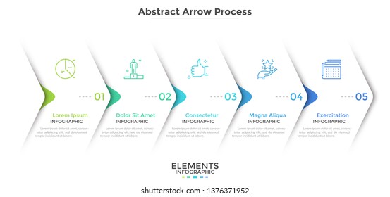 Five Paper White Overlapping Arrows Placed In Horizontal Row. Concept Of 5 Successive Steps Of Progressive Business Development. Simple Infographic Design Template. Abstract Vector Illustration.