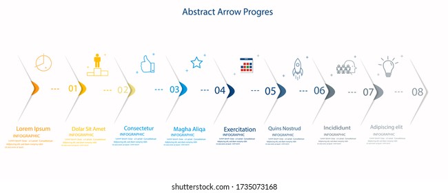 Five paper white overlapping arrows placed in horizontal row. Concept of 8 successive steps of progressive business development. Simple infographic design template. Abstract vector illustration.