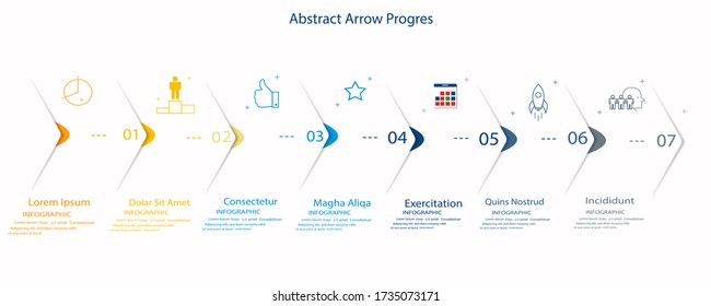 Five paper white overlapping arrows placed in horizontal row. Concept of 6 successive steps of progressive business development. Simple infographic design template. Abstract vector illustration.