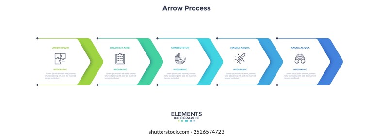 Five paper white overlapping arrows placed in horizontal row. Concept of 5 successive steps of progressive business development. Simple infographic design template. Abstract vector illustration.