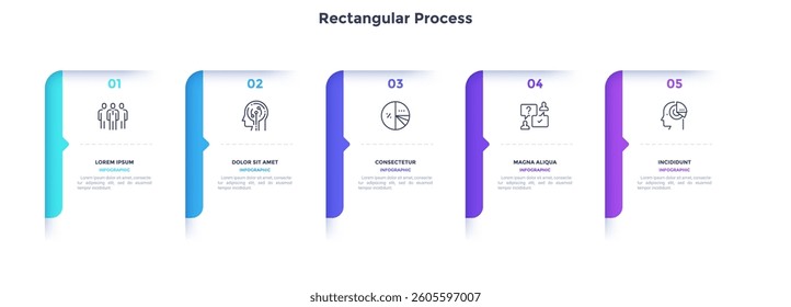 Five paper white overlapping arrows placed in horizontal row. Concept of 5 successive steps of progressive business development. Simple infographic design template. Abstract vector illustration.