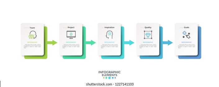 Five paper white rectangular elements or cards placed in horizontal row and connected by colorful arrows. Clean infographic design template. Vector illustration for business progress visualization.