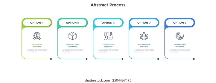 Five paper white rectangular elements placed in horizontal row. Concept of 5 steps of business development process. Simple infographic design template. Modern linear vector illustration for report.