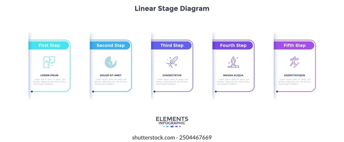 Five paper white rectangular elements placed in horizontal row. Concept of 5 steps of business development process. Simple infographic design template. Modern linear vector illustration for report.