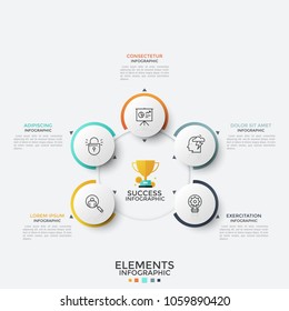 Five Paper White Round Elements With Thin Line Icons Inside Placed Around Main Circle. Concept Of 5 Features Of Successful Teamwork. Modern Infographic Design Template. Vector Illustration For Report.